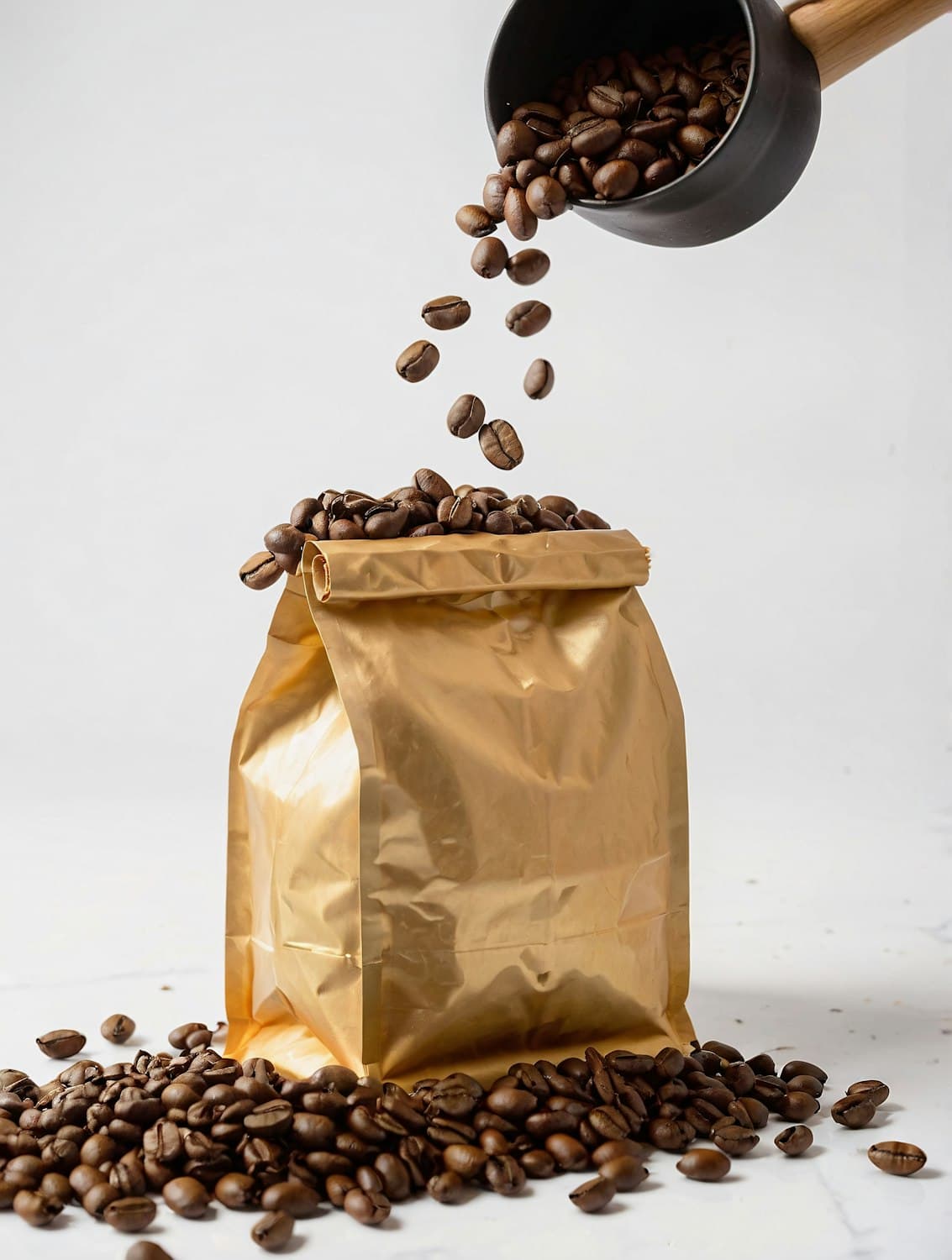 Bolsa de café con granos tostados cayendo desde una cuchara